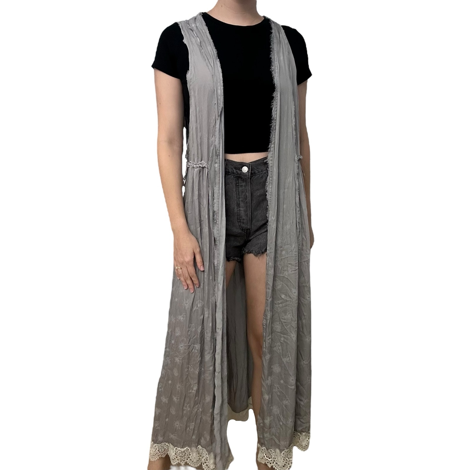 Free People Cardigan Kimono Sweater Long Duster Gray Boho Whimsigoth Gray Small