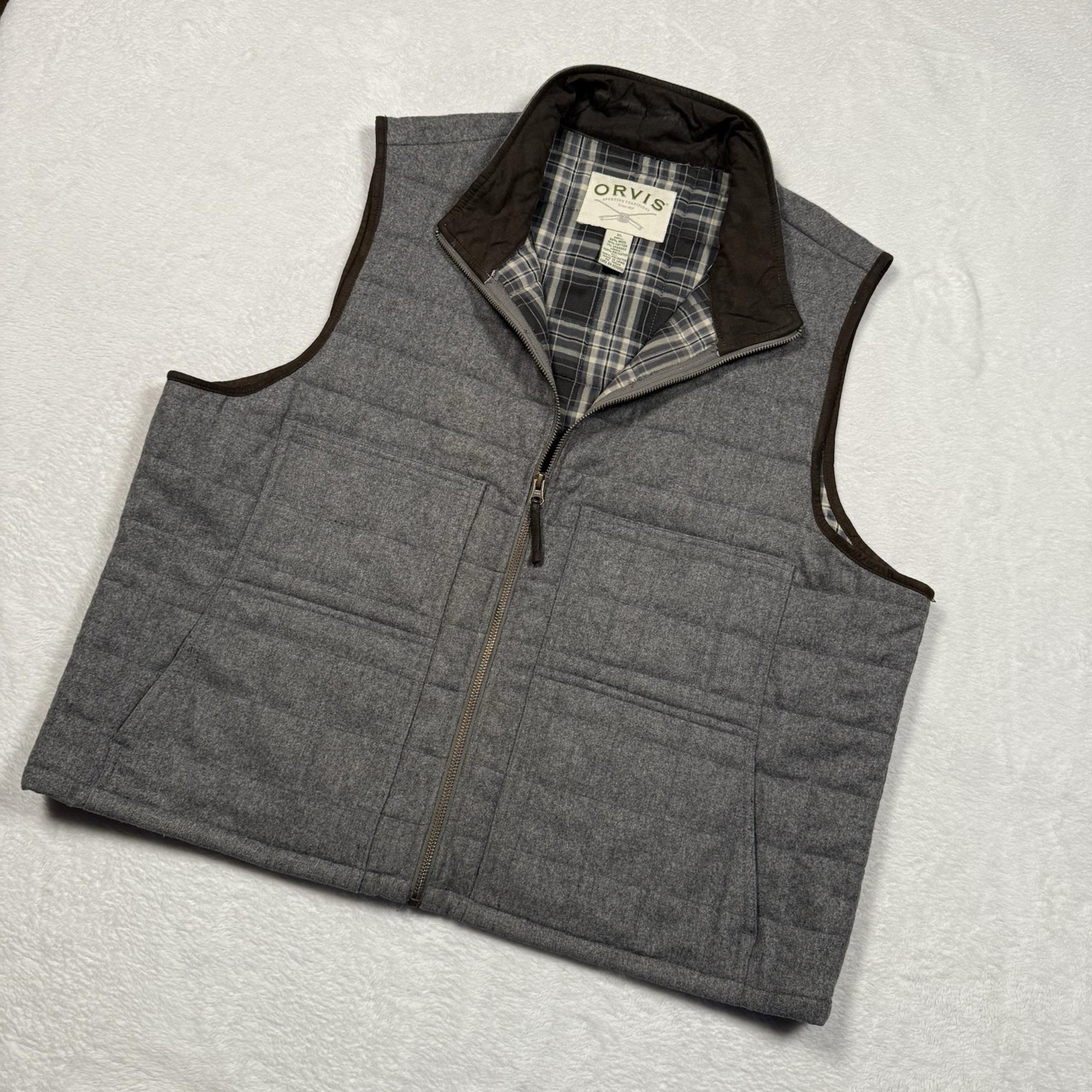 Orvis Vest Mens XL Gray Quilted Wool Plaid Lined Outdoor Hunting Fishing