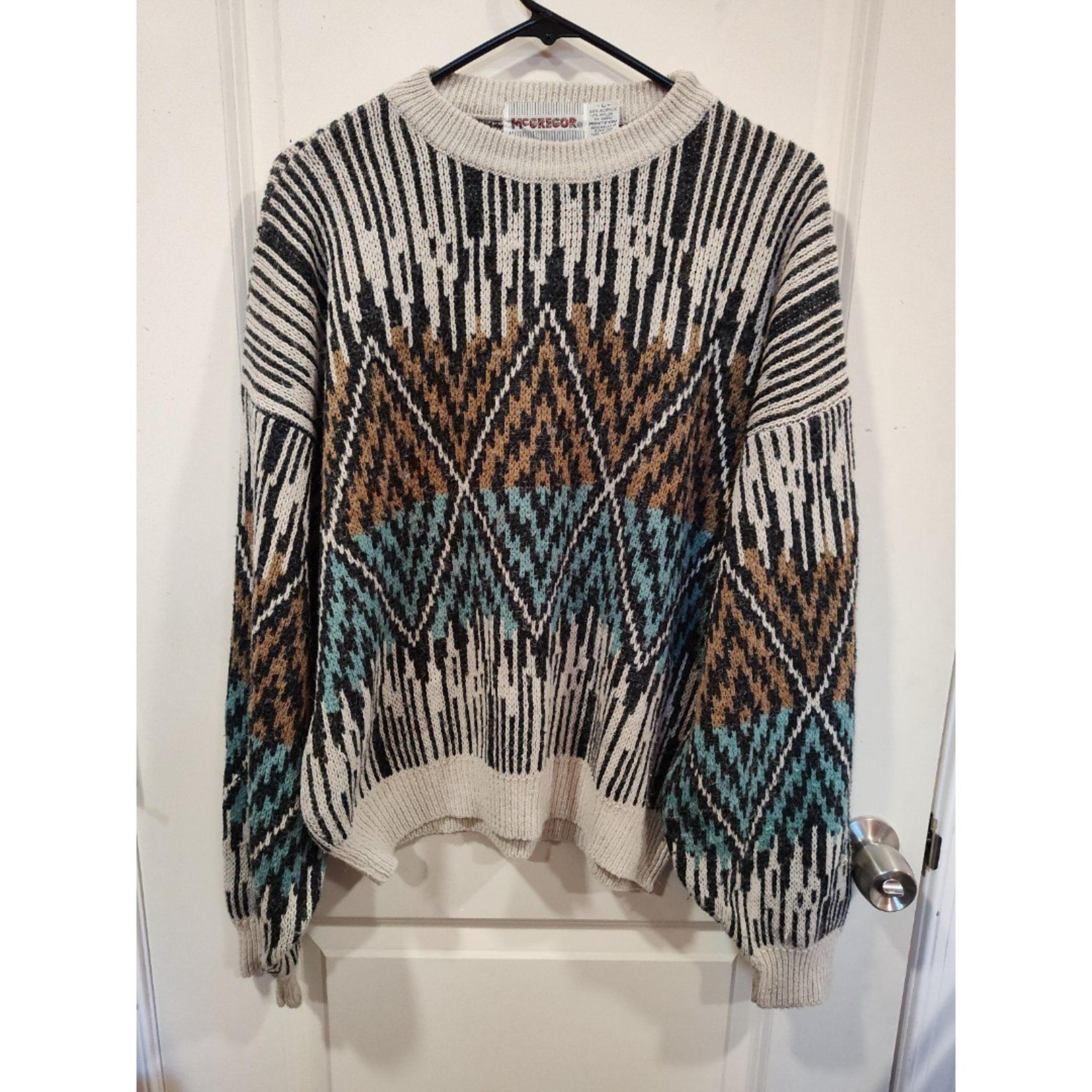 Vintage McGregor Crewneck Pullover Sweater Large Beige Orange Turquoise
