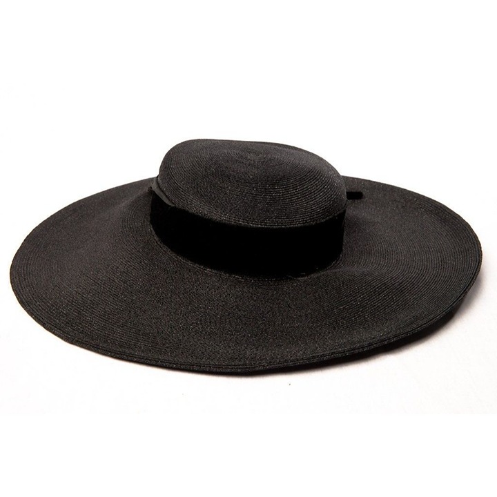 Vintage 1960's Women's Black Hat With Black Velvet Black Bow Extra Wide Brim