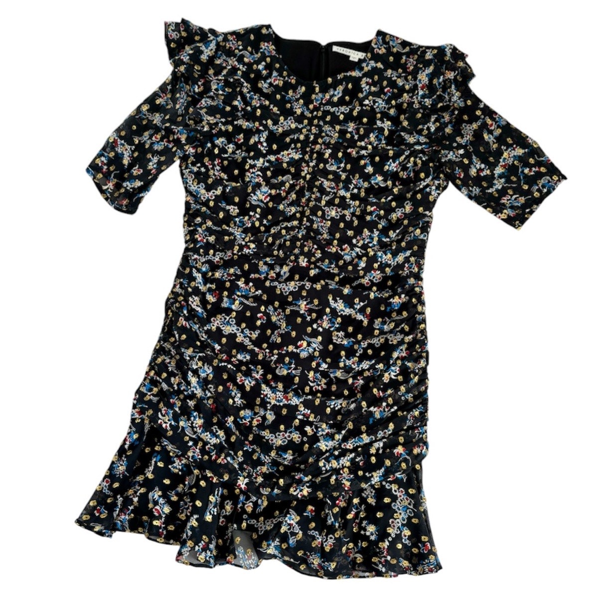 Veronica Beard Black Floral Print Gold Metallic Silk Ruched Mini Dress Size 8