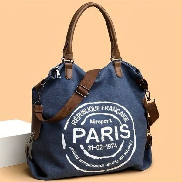 NWT Gorgeous PARIS, Blue Denim Canvas Graphic Convertible Crossbody Shoulder Bag