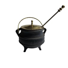 Vtg Cast Iron & Brass Pot with Tool & Top Smudge Smelting Melting Fireplace