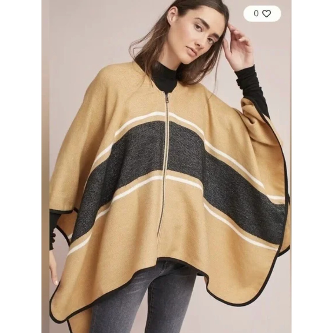 Michael Stars Sweater Womens One Size Down the Line Honey Tan Zip Poncho