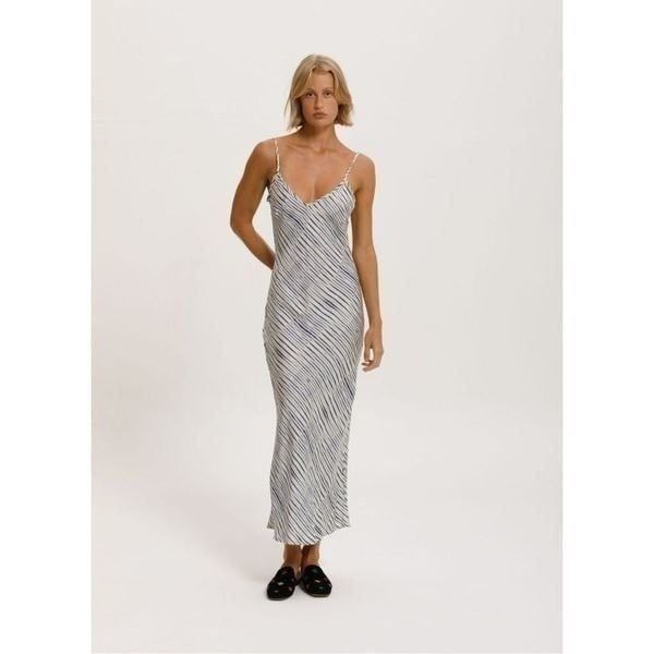 CALI by Cali Dreaming Jones Slip Maxi Dress Indigo Ribbon Print size S NWT215