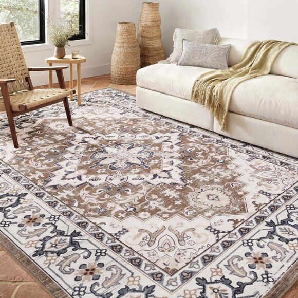 5x7 Washable Area Rug, Soft Non-Slip Carpet for Home Décor - Floral Brown Design