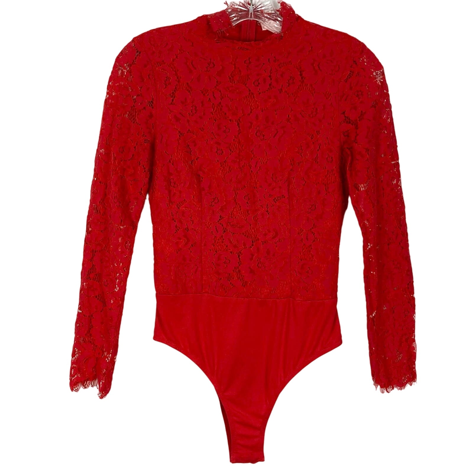 NWOT SHOWPO Bodysuit US 2 Red Lace High Neck Raw Hem Long Sleeve Zip Lined