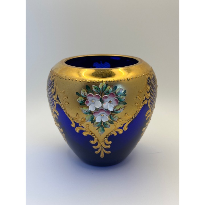 Vintage Moser Bohemian Blue Gold Vase applied Flowers 5 READ