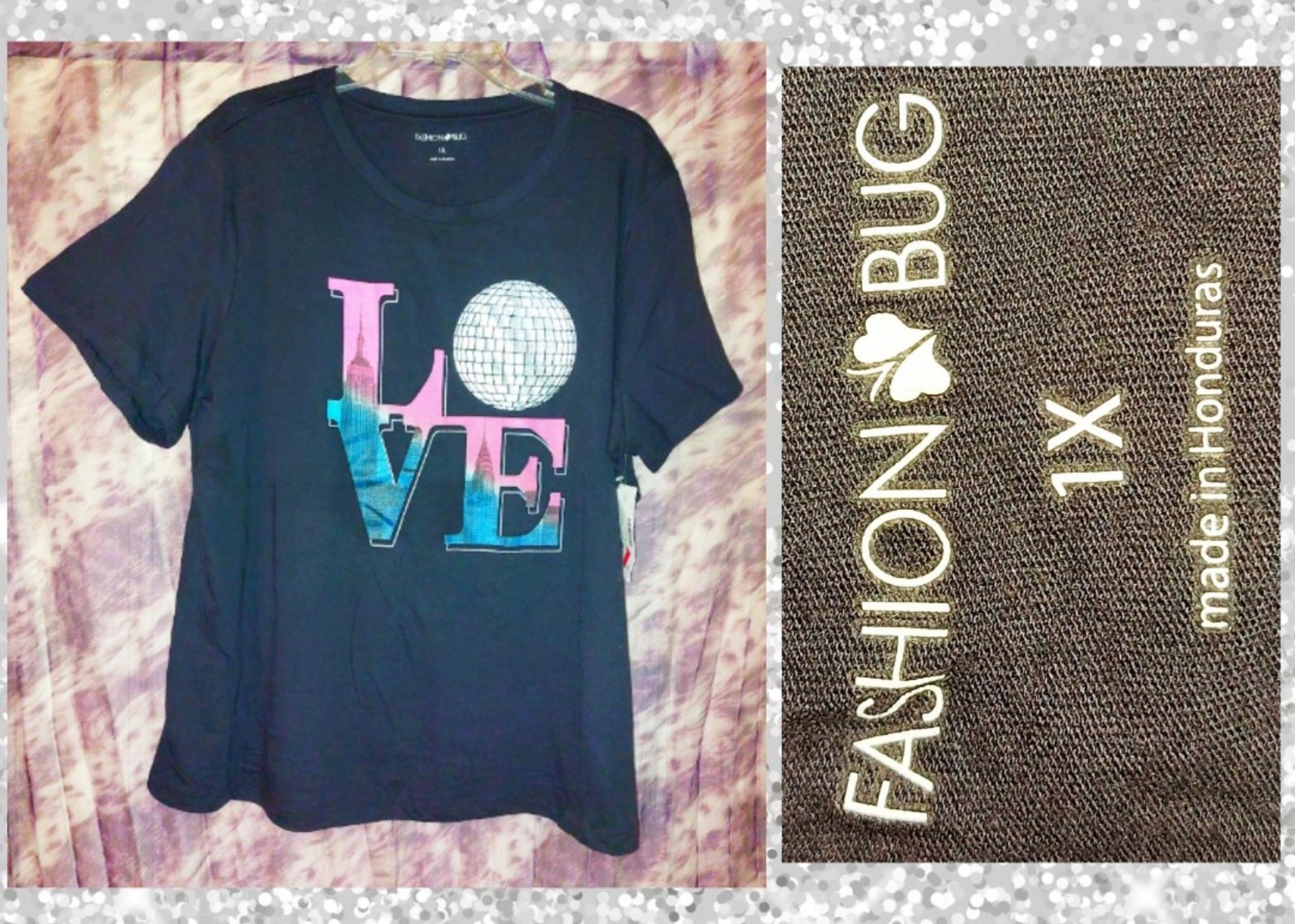Fashion Bug brand Blk/Multicolor LOVE/NYC/Disco Ball Soft Knit T-Shirt 1X(14/16)