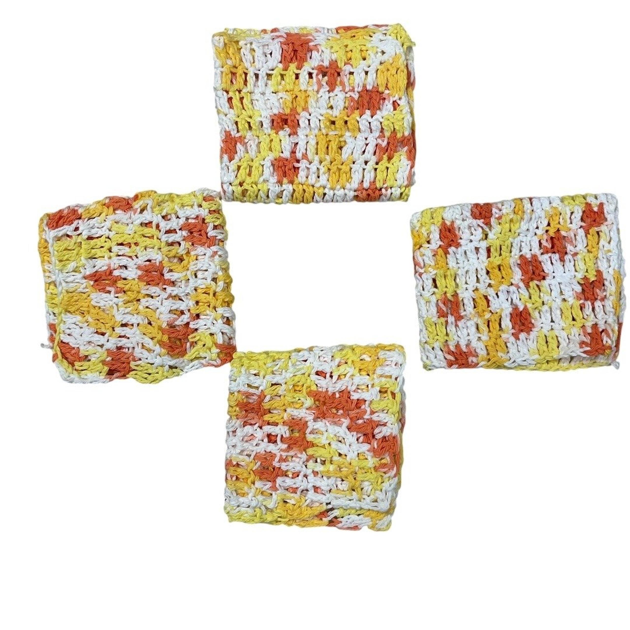 Set of Four Handmade Crochet Dishhcloths Cotton Multi-Color Kitchen Spa