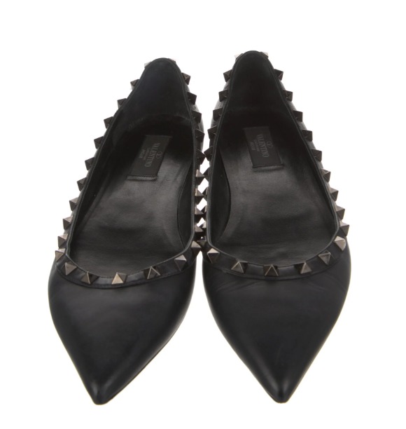 Valentino Rockstud Leather Ballet Flats | Black | Pointed Toe | Size 40