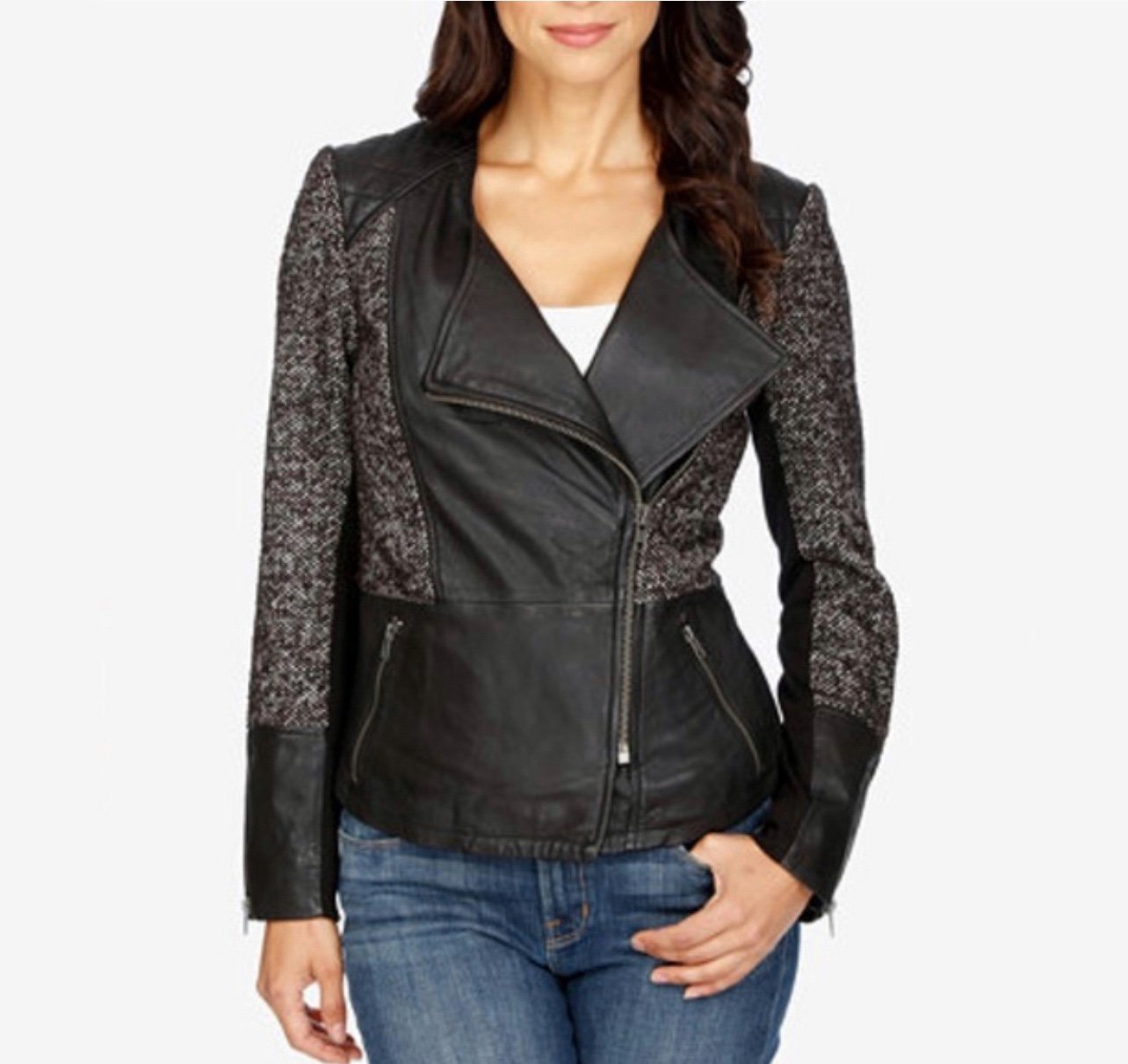 Lucky Brand Women’s Moto Jacket Leather and Wool Knit Combo