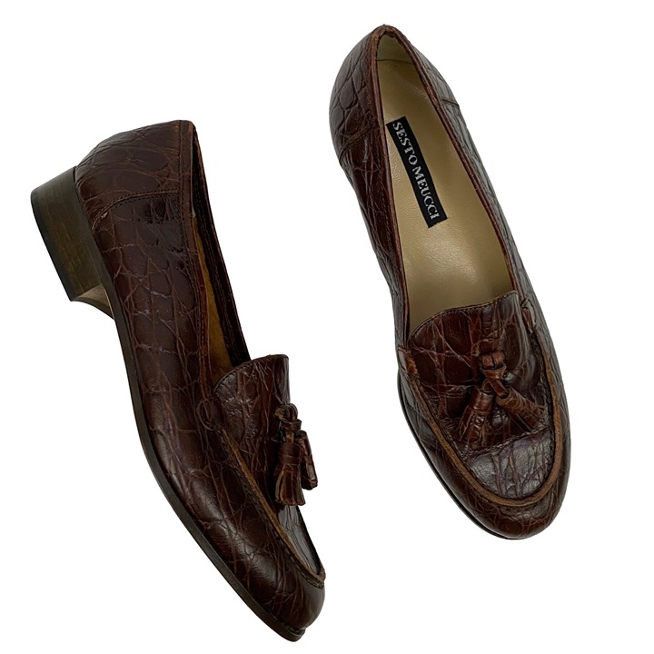 Sesto Meucci Brown Embossed Leather Tassel Loafers Made in Italy Womens 6.5M