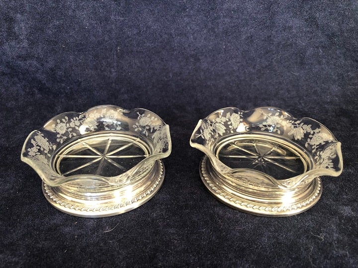 Antique American Etched Glass with Sterling Silver Base Rosettes