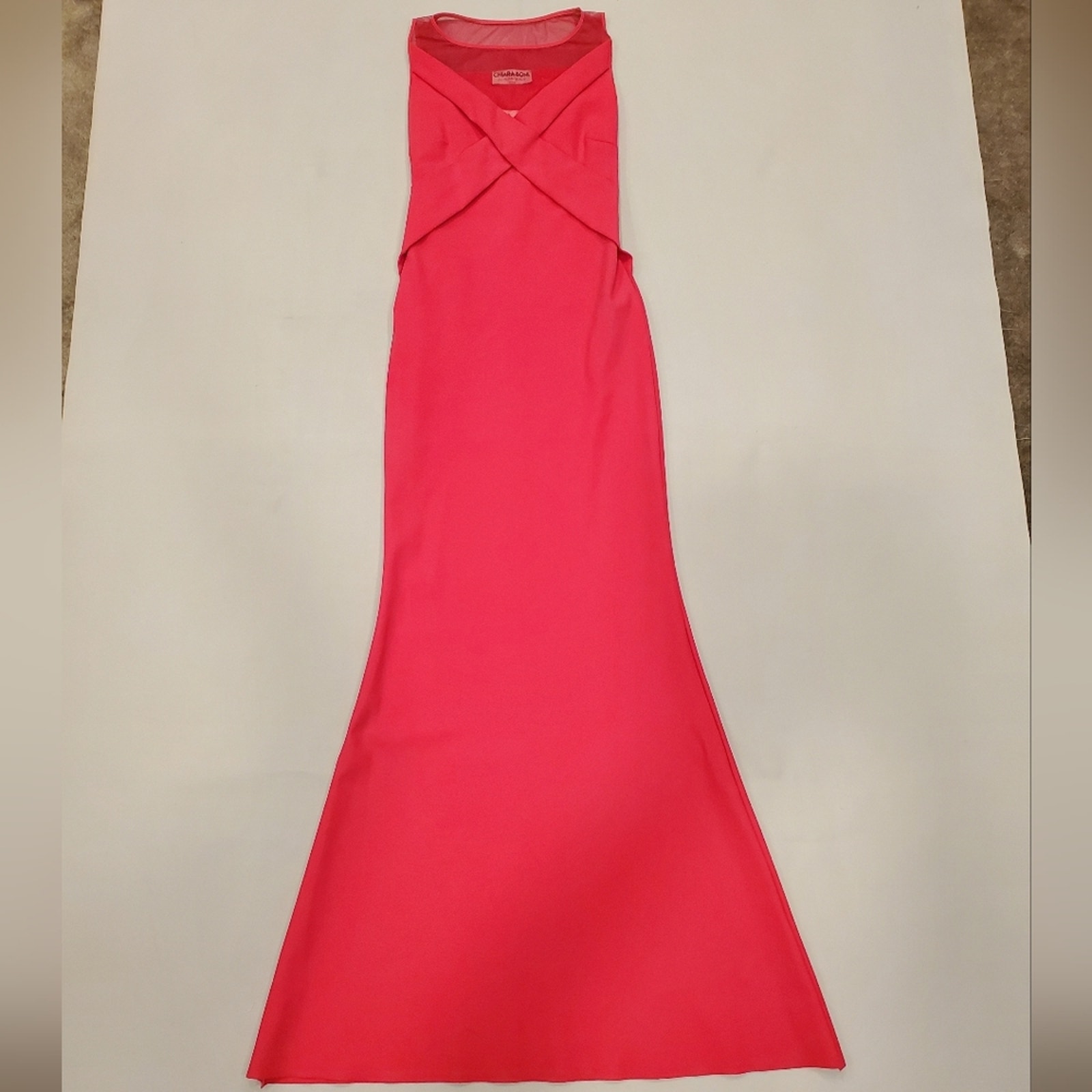 NWT995 Chiara Boni Sheer Mesh Neck Front Cross Pink Long Gown Dress Sz 42 (6)