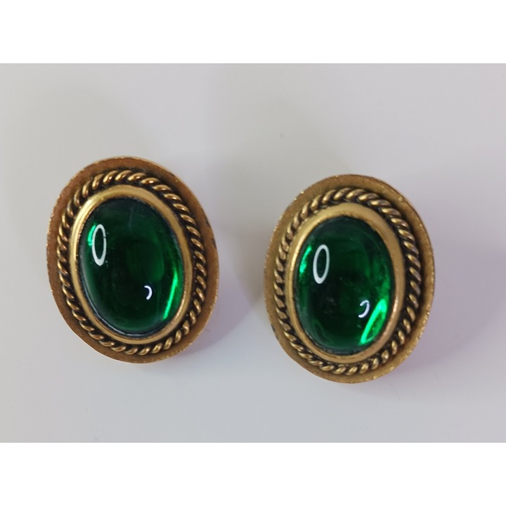 Signed YSL Yves Saint Laurent Goldtone Emerald Glass Dome Clip On Earrings 1
