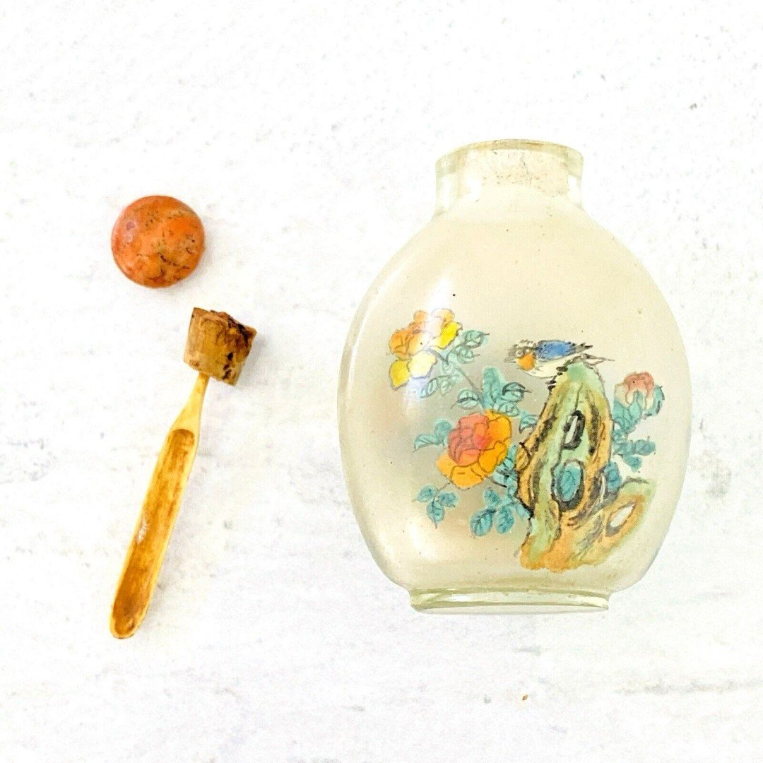 Vintage Reverse Painted Bottle Coral Lid Spoon Is Loose AS IS