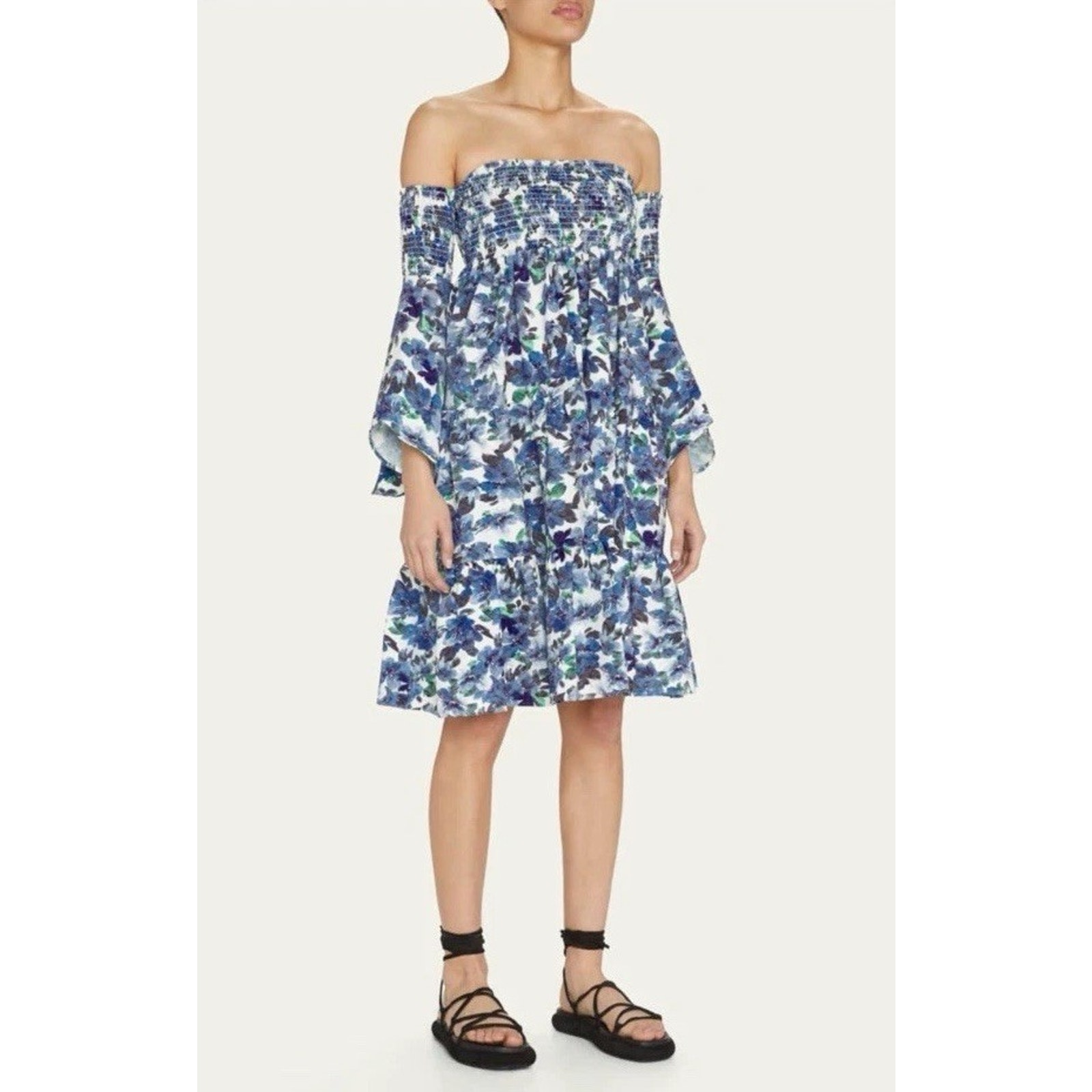 645 Autumn Adeigbo Women's Blue Julia Floral Off-Shoulder A-Line Dress Size 16