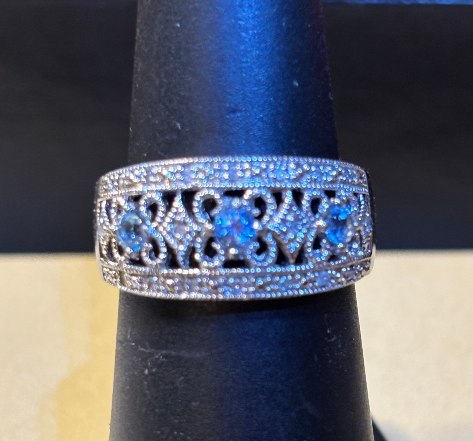 Sterling Filigree Blue Topaz and Diamond Band Ring, sz 6.5