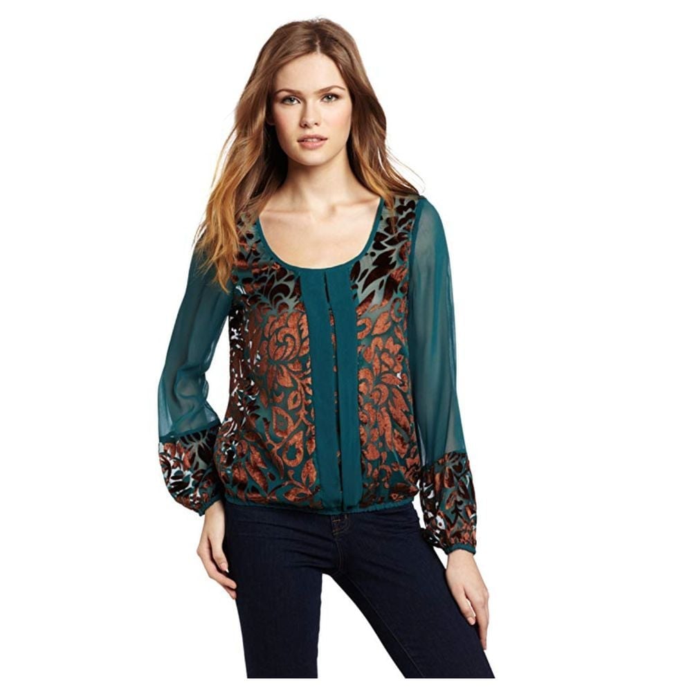 Lucky Elegant Teal Copper Floral Pattern Sheer Blouse Balloon Sleeves Boho Top L