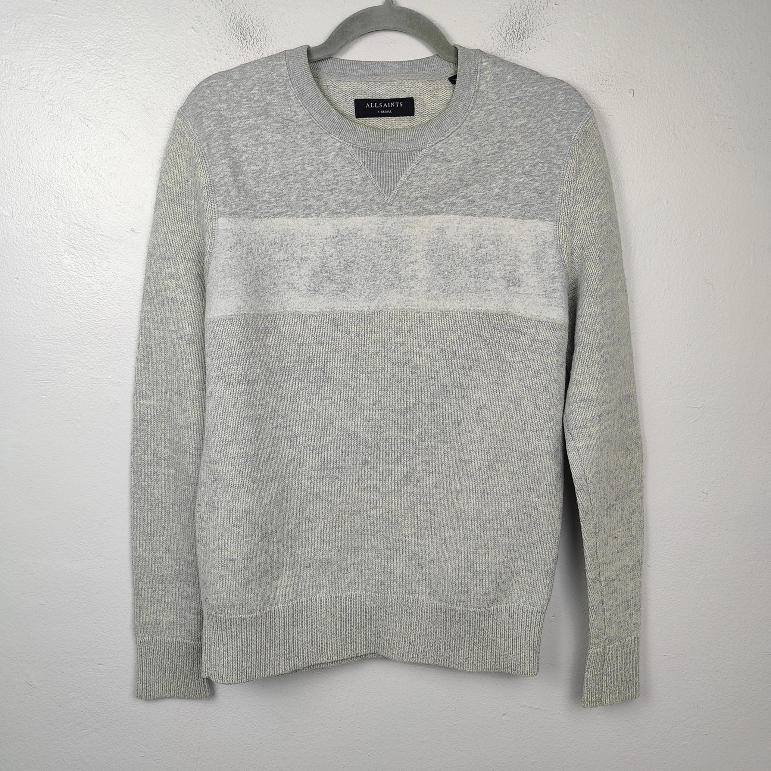 AllSaints Bracton Crewneck Sweater Mens XS Light Gray Fleece Wool Striped