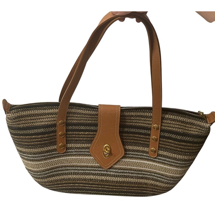 Eric Javits Striped Woven Shoulder Bag Metallic Thread Brown Leather Trim
