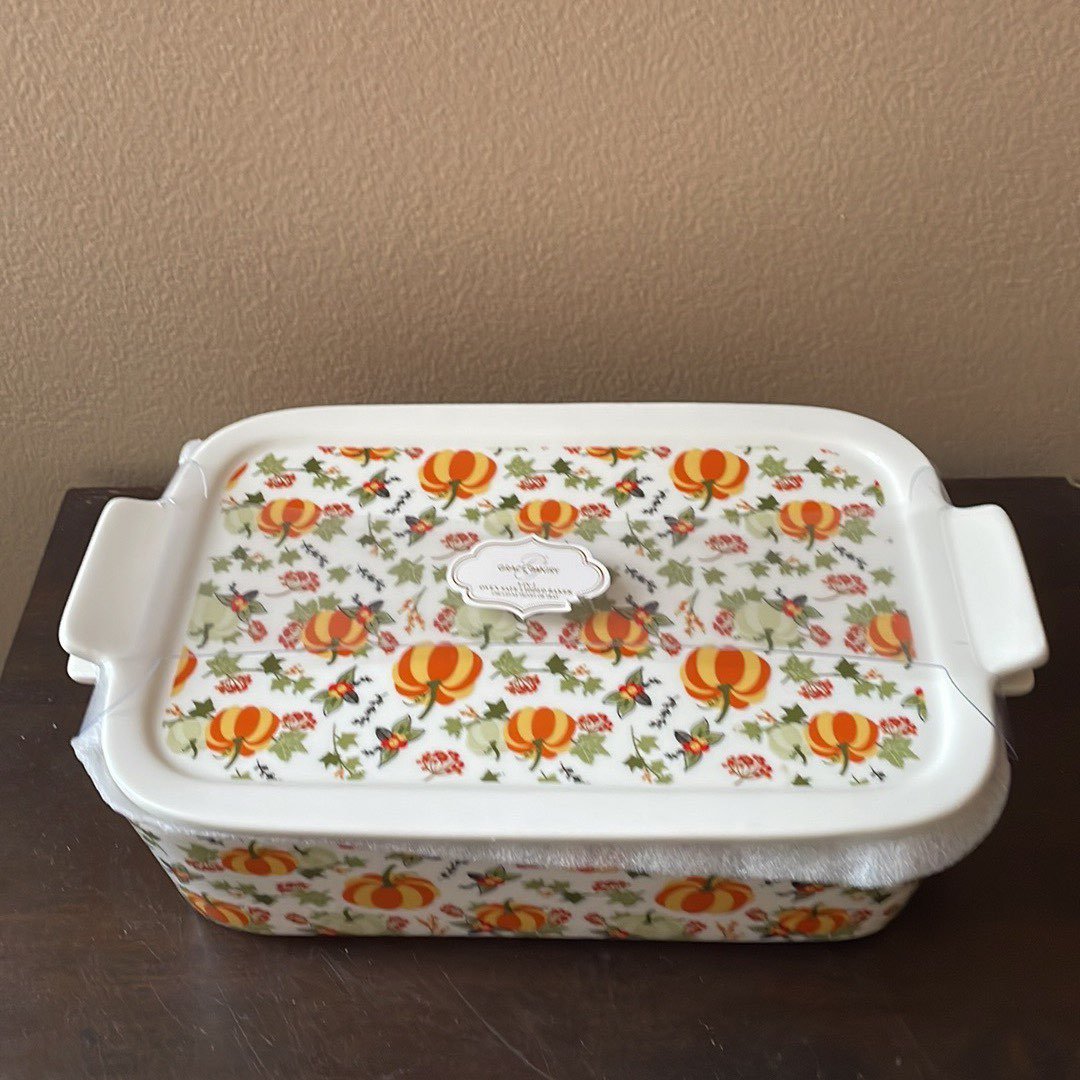 Grace Pantry Pumpkins Rectangular Porcelain Casserole Baking Dish & Lid New