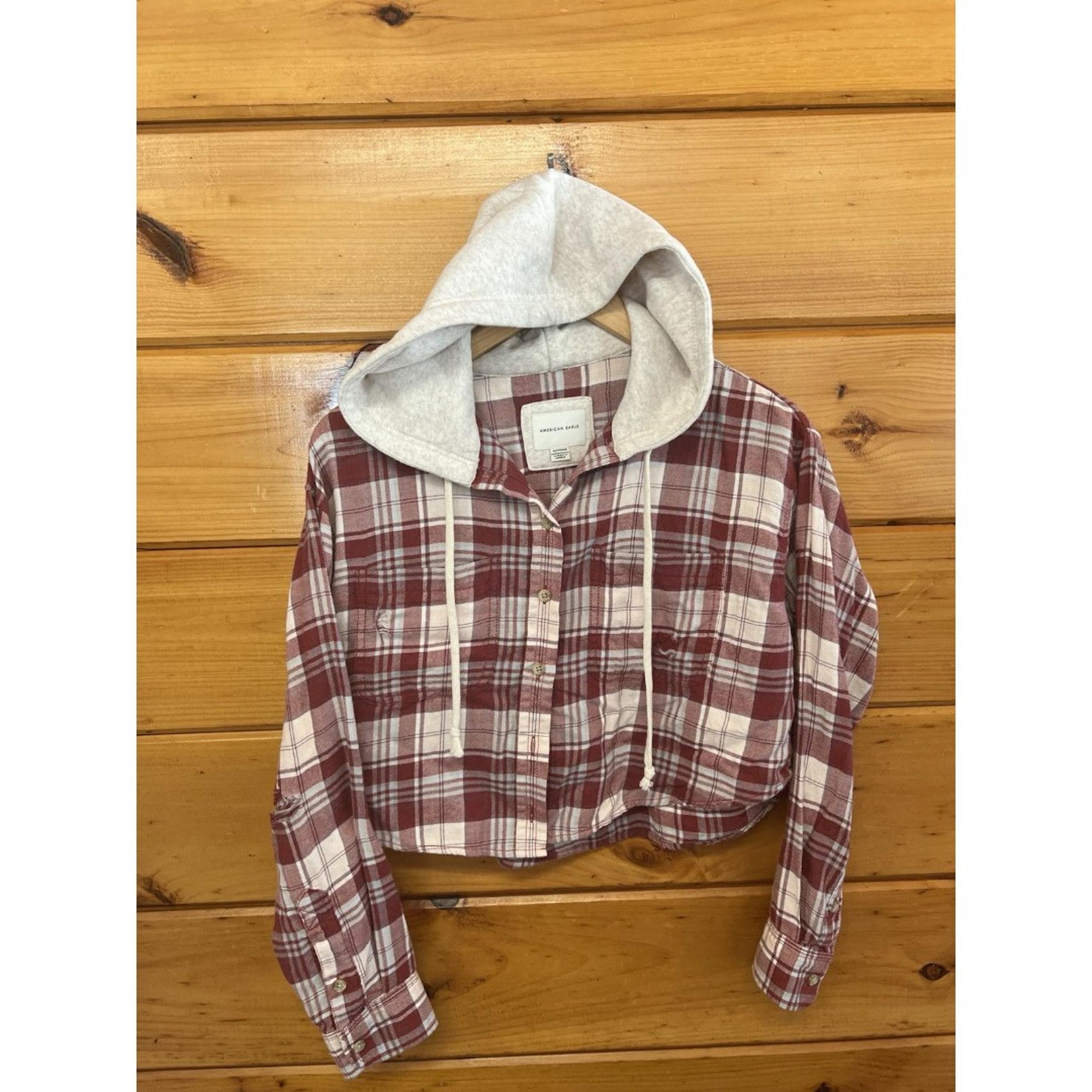 American Eagle Womens Long Sleeve Button Down Hooded Flannel Distressed XS
