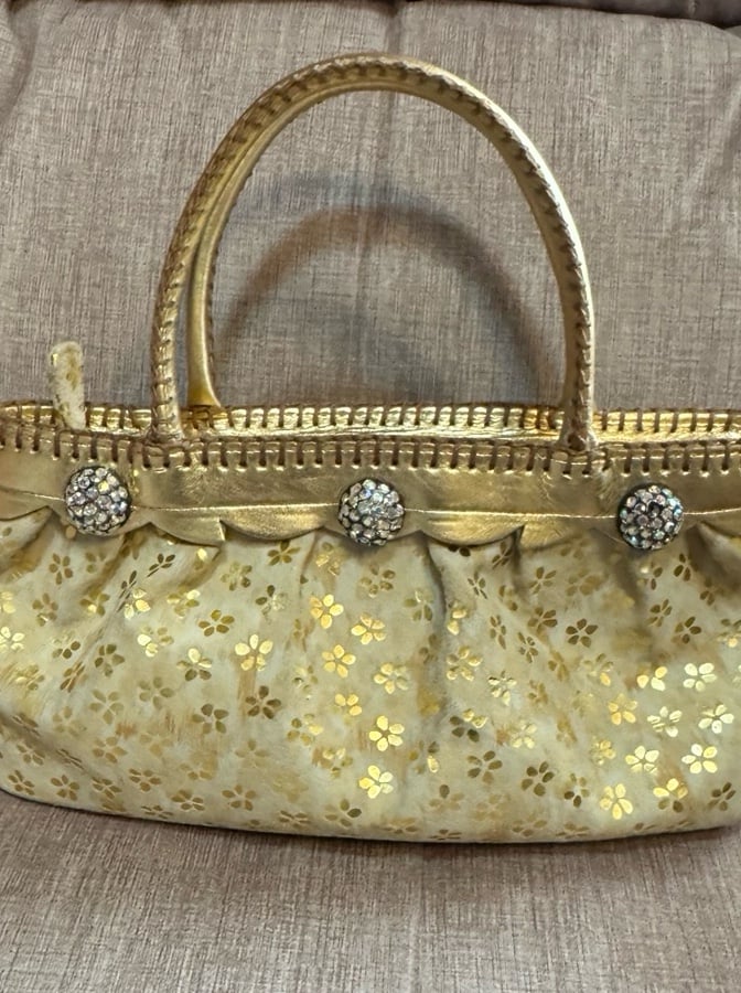 Vintage Fatto a Mano By Carlos Falchi Suede, Metallic Gold & Rhinestone Handbag