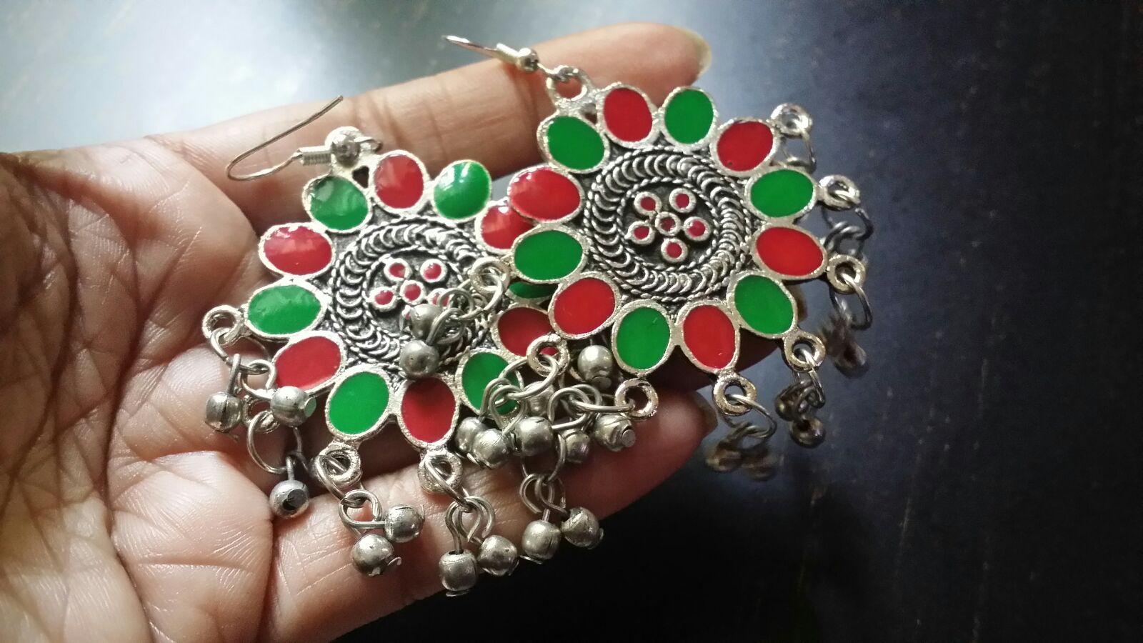 Onyx red coral sterling bells earrings