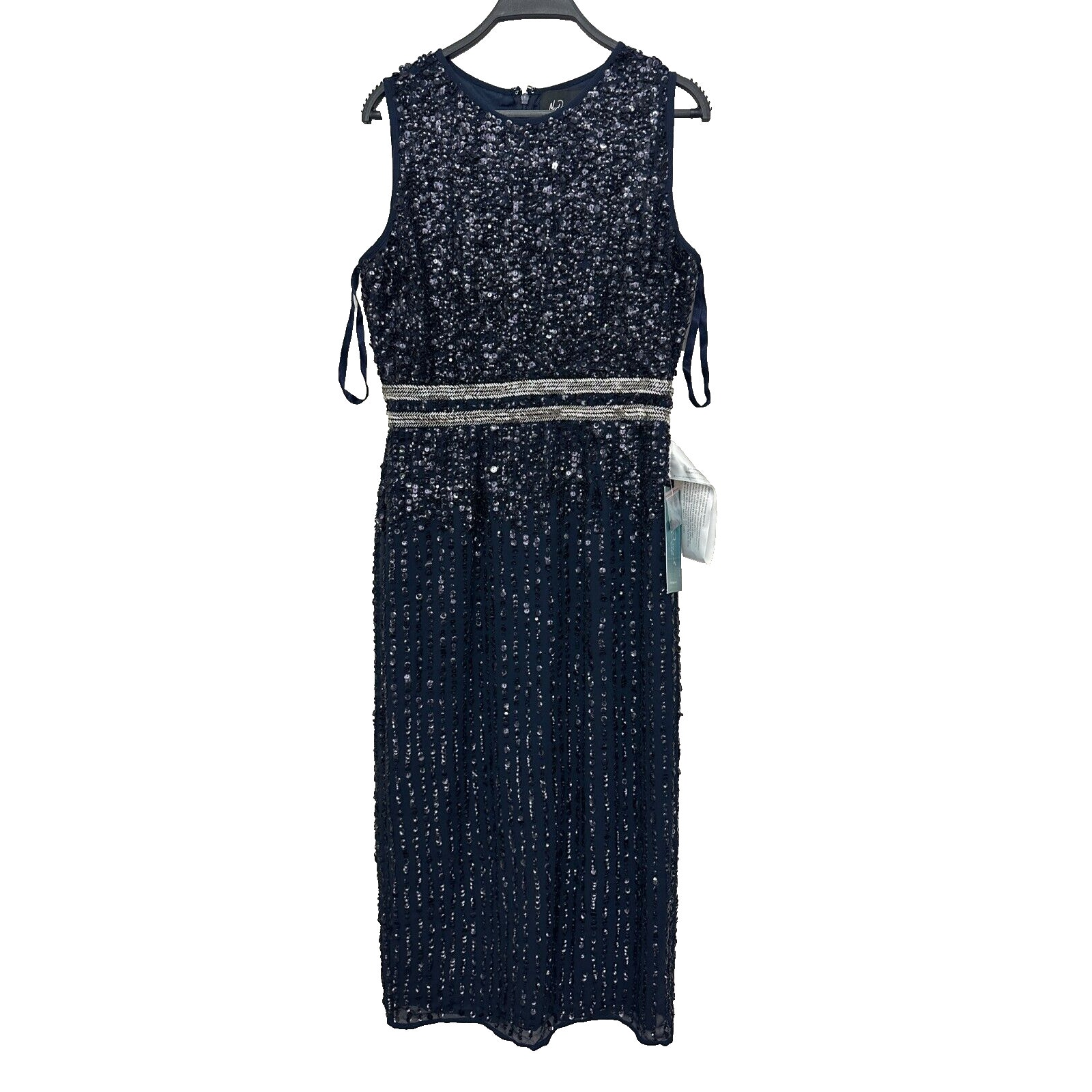 MAC DUGGAL Sleeveless High Neck Beaded Sequin Midi Sheath Dress Navy Blue Size 8
