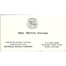 Bettye Hayman Reynolds Metals Company Houston Vintage Business Card SE5-B3