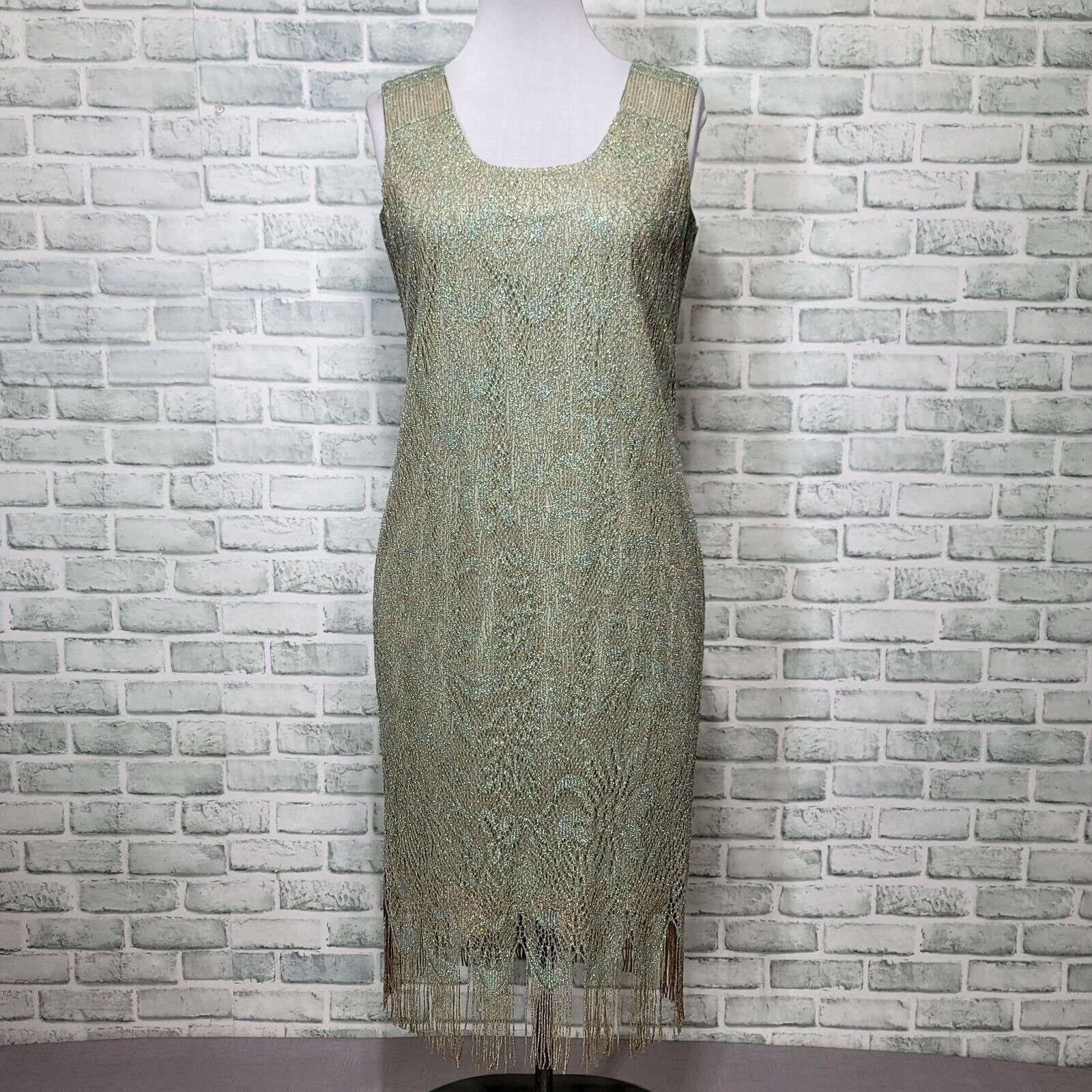 Vintage 80s does 20s Damianou Womens M Green Metallic Fringe Gown Dress