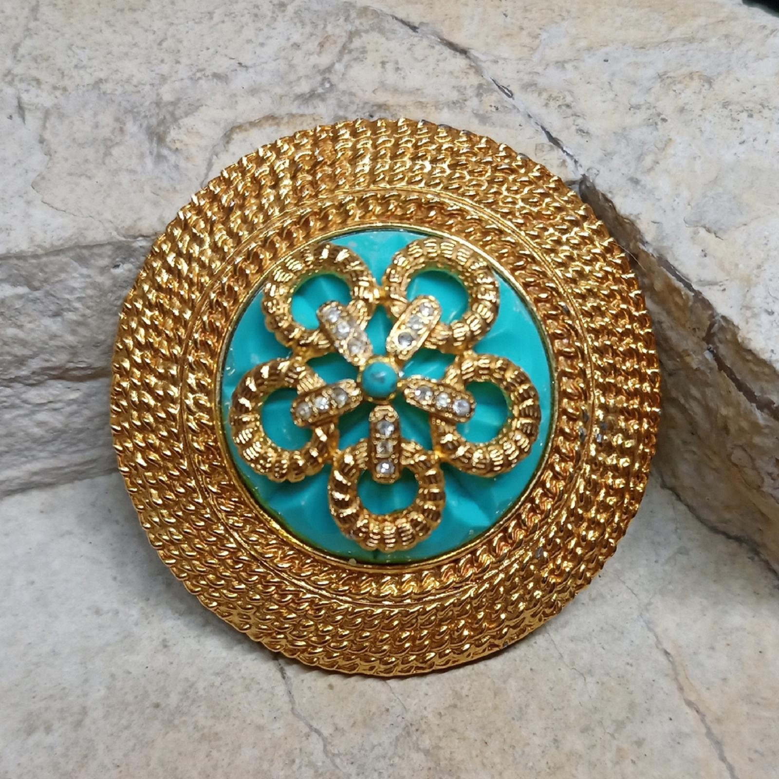 Vintage Signed Craft Large Gold and Turquoise Brooch