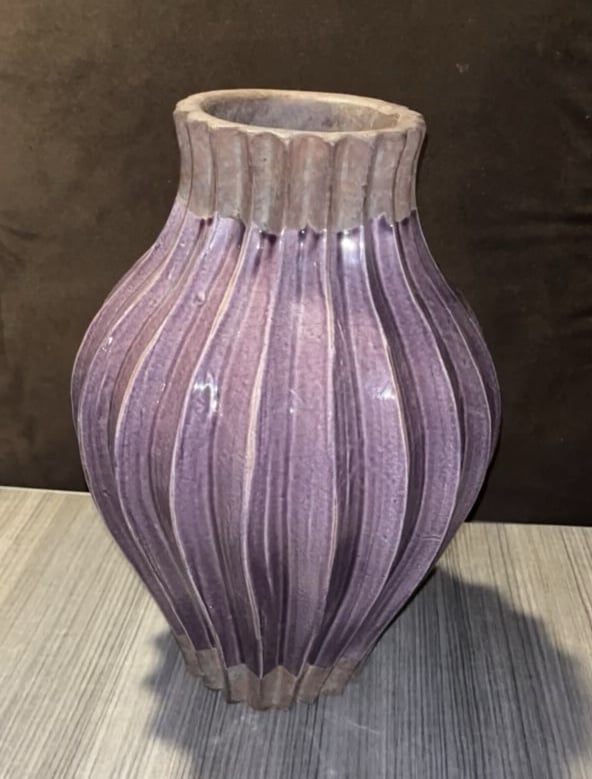Raku Clay Pottery VaseGlaze Purple Ribbed Glossy