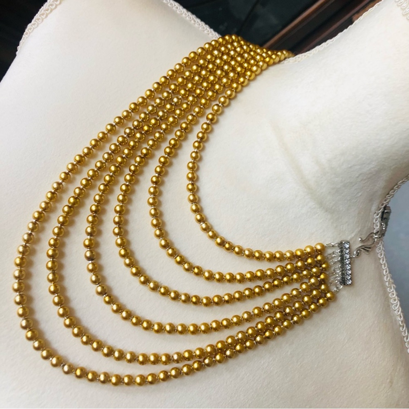 Handcrafted six strand golden Czech glass pearl necklace