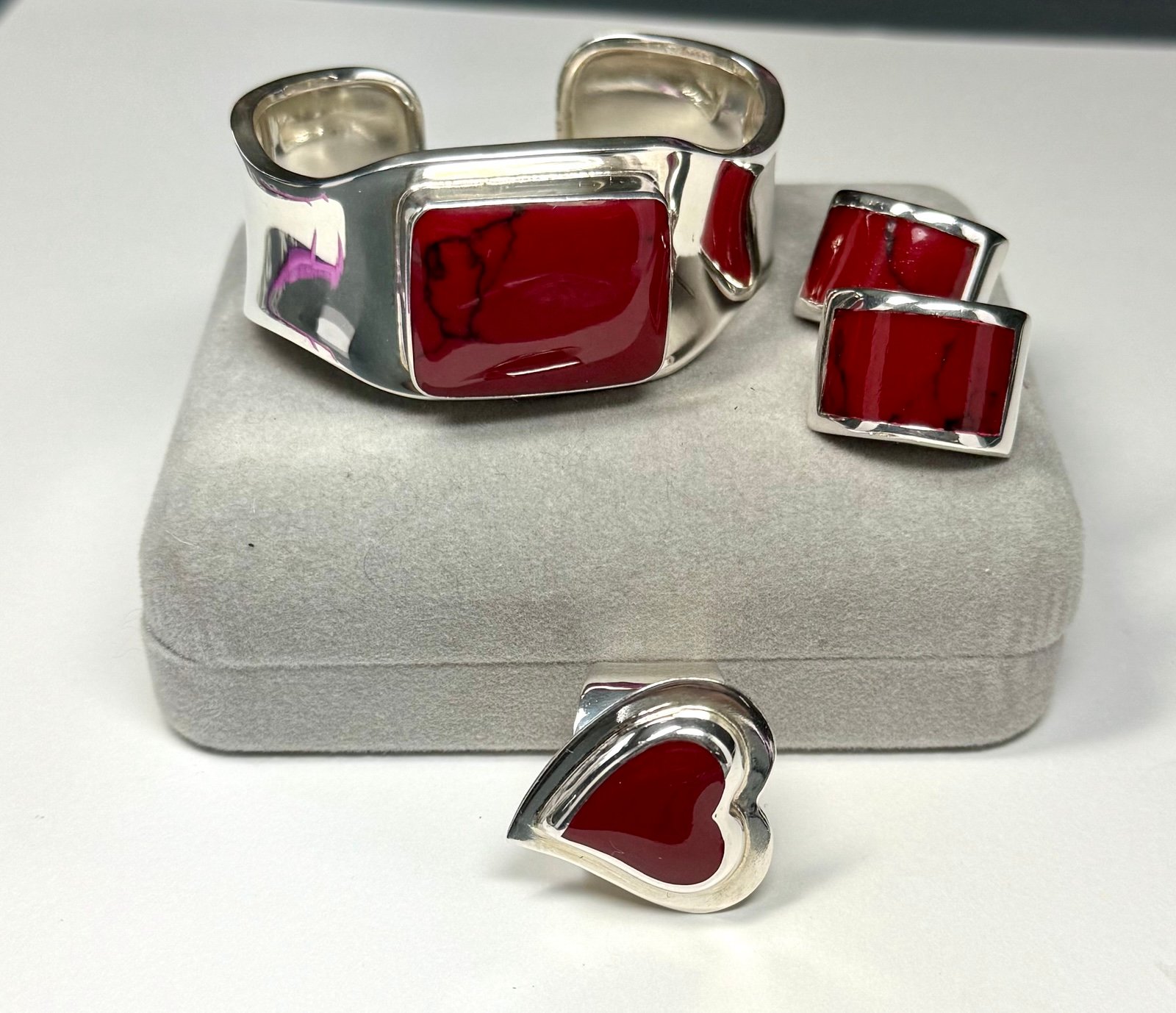Red Jasper Mexico 925 Silver Cuff, Ring, Earring Set