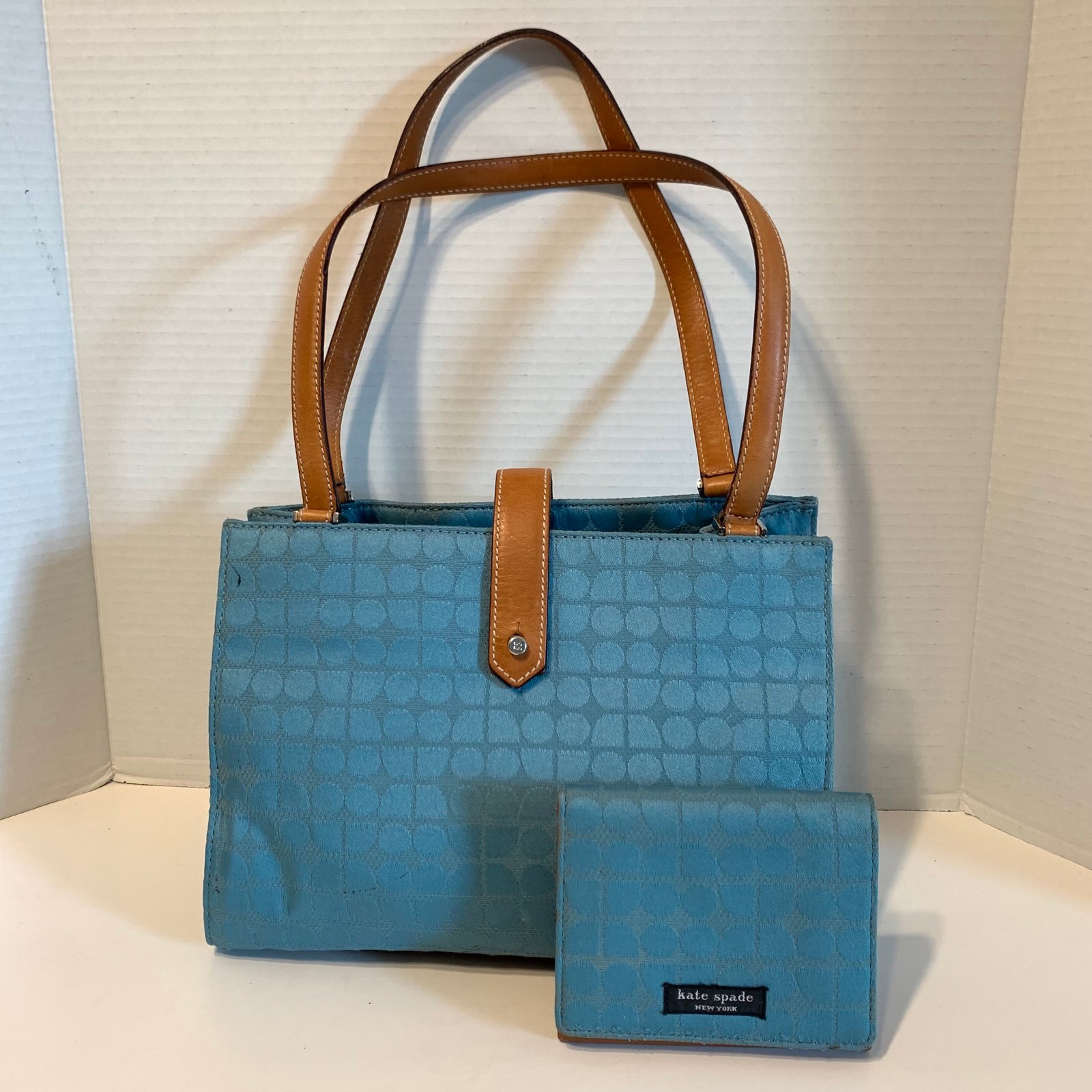 Kate Spade Aqua Blue Fabric Shoulder Bag Leather Trim Bottom w Matching Wallet