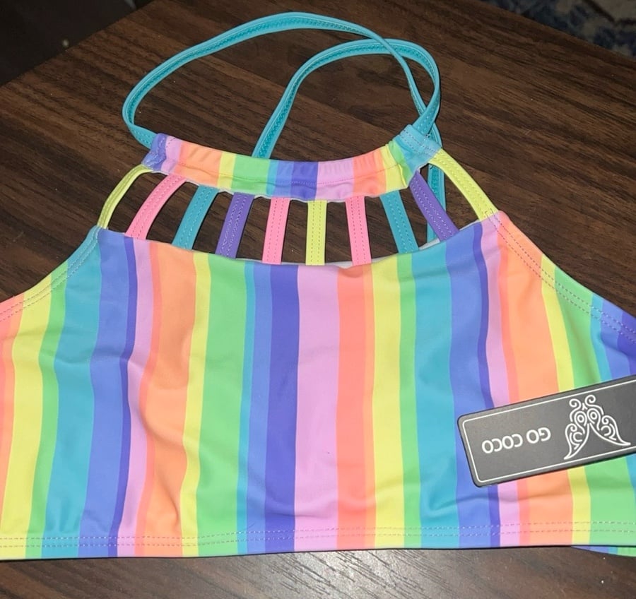 Go Coco girls 14/16 two piece rainbow stripe swimsuit. NWT.