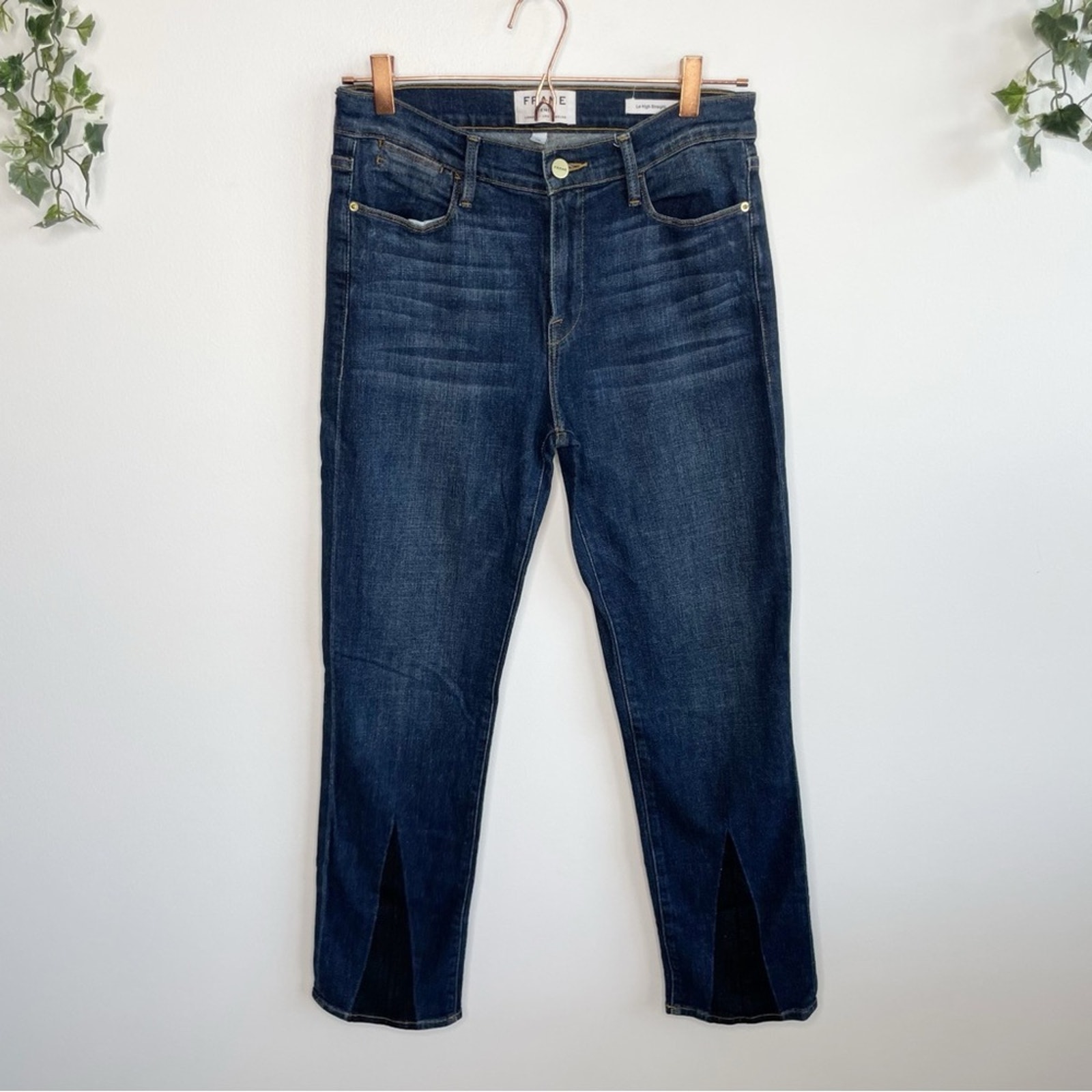 FRAME Le High Straight Leg Jeans Blue Wash Black Pleat Size 28