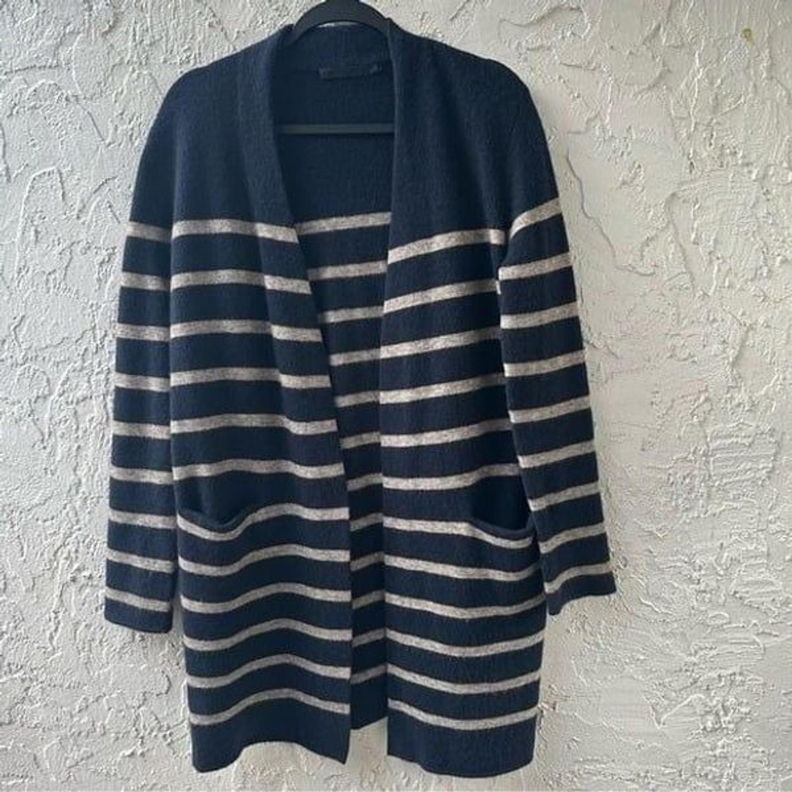 JENNI KAYNE Cardigan Sweater Women XS Long Stripe Wool Yak Nautical Open Front
