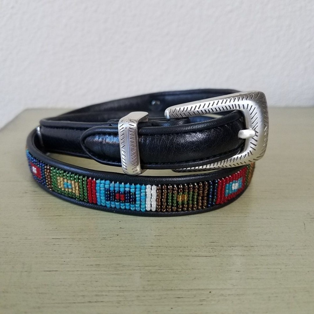 Brighton Black Leather Beaded Native American Styled Belt with Silver Buckle