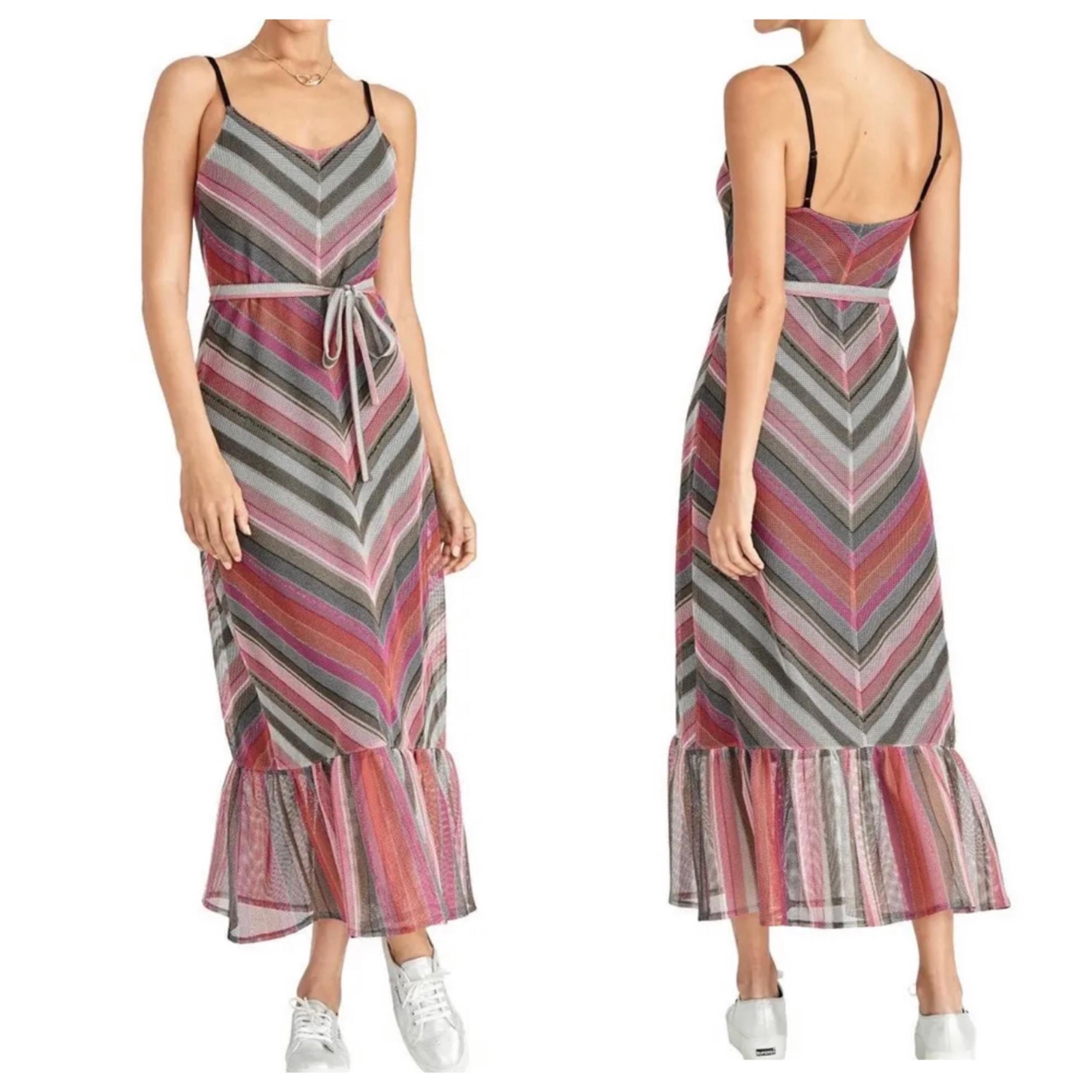 RACHEL ROY Women's Metallic Chevron-striped Ruffle-hem Mesh Maxi Dress Size L