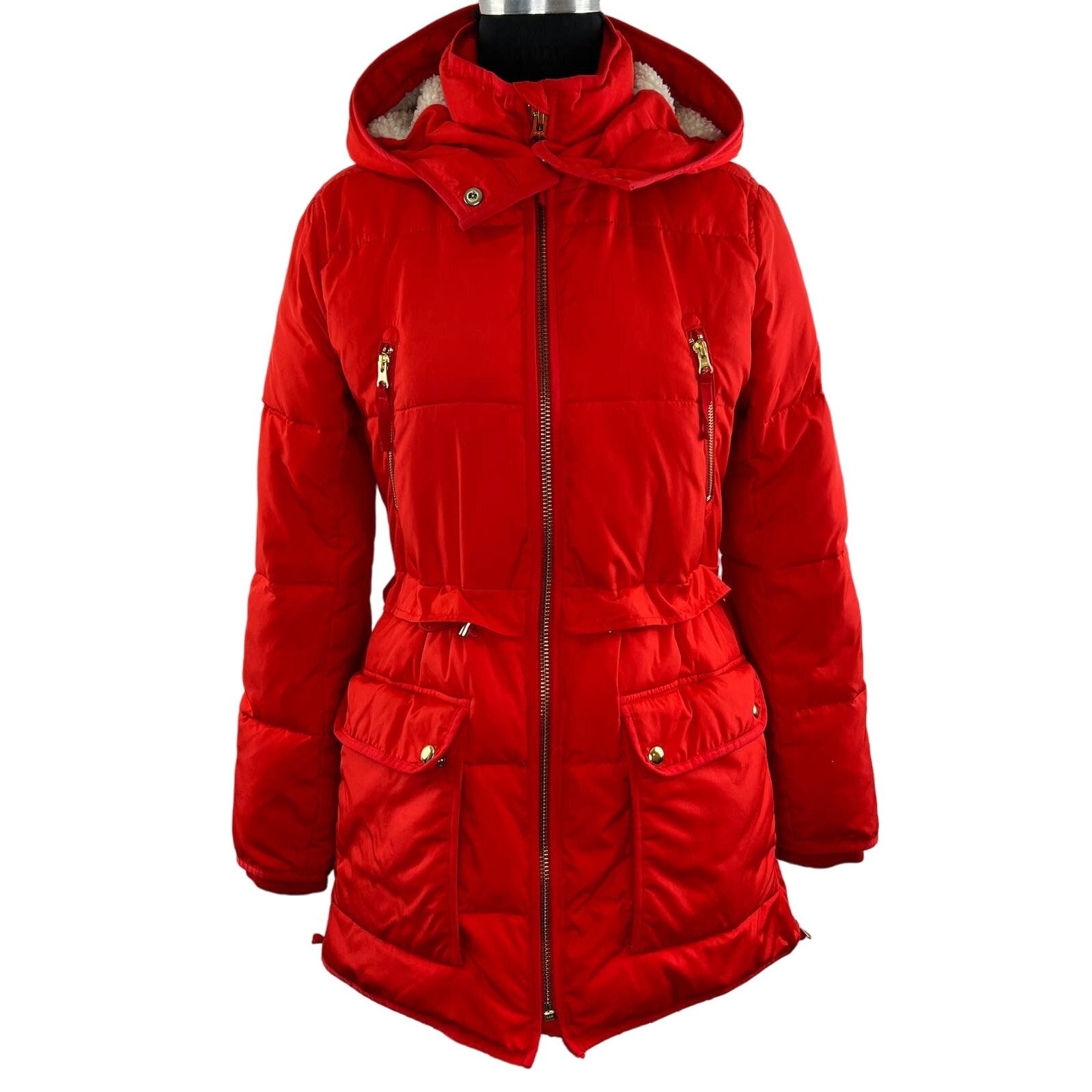 J. Crew Chateau Puffer Jacket with PrimaLoft Hooded Coat Red / Pink AF012 XXS