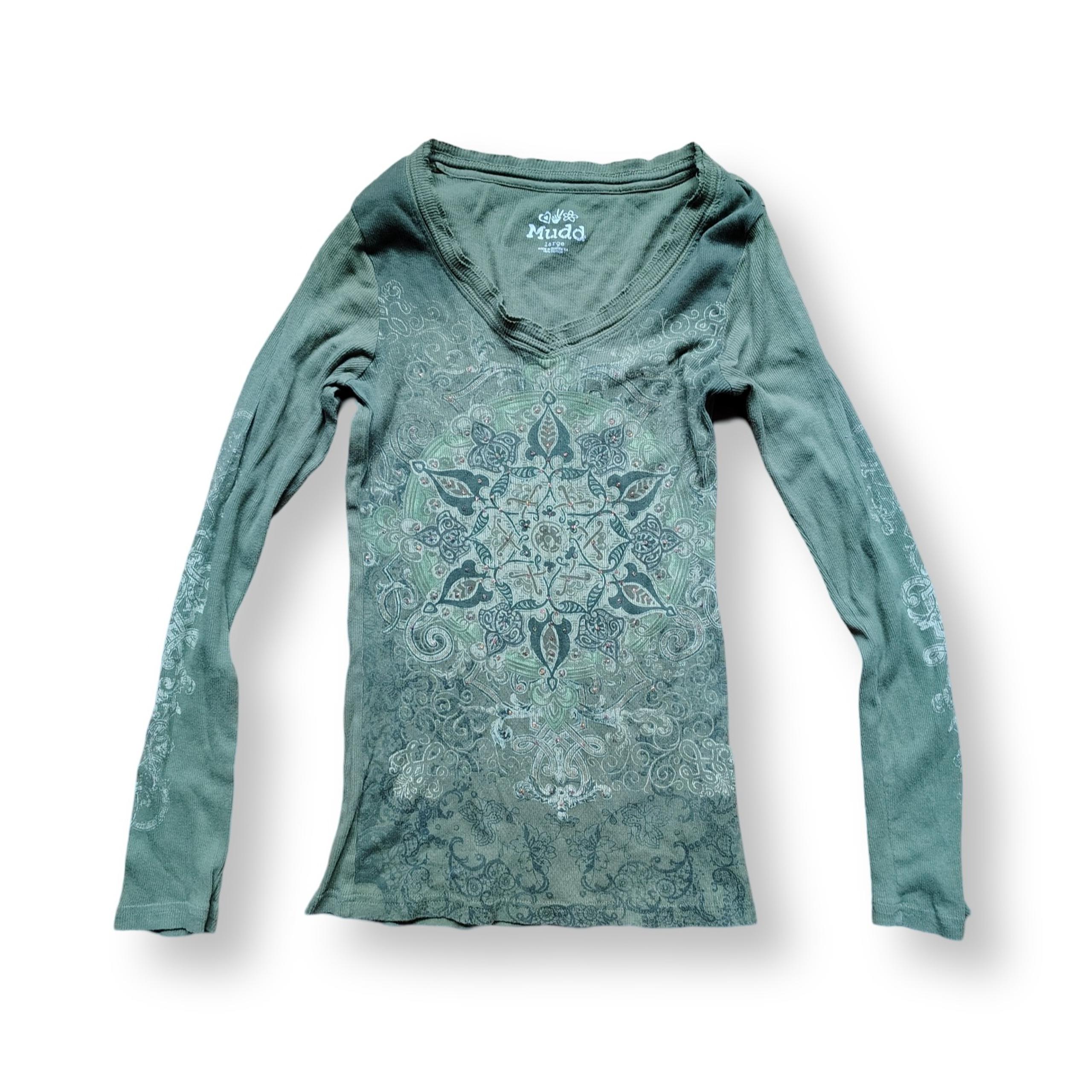 Y2k Vintage Mudd Olive Green Long Sleeve Top Mandala Print Grunge Emo Shirt L