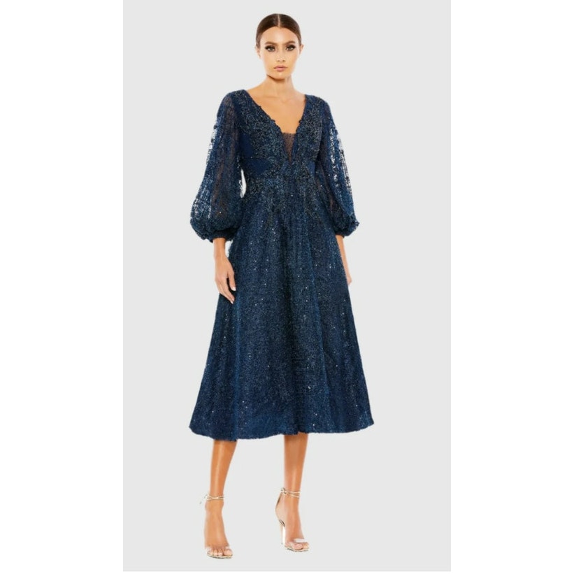 MAC DUGGAL Navy Embellished Plunge Neck Bishop Sleeve Formal Dress NWT 498 Sz 8