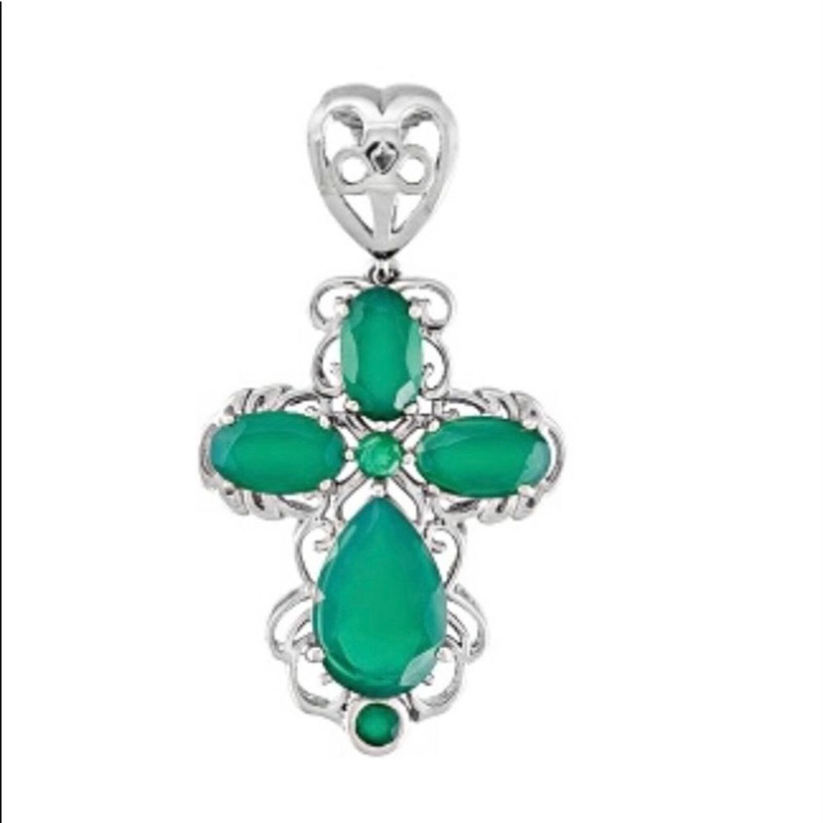 Genuine Green Onyx Cross Sterling Silver Pendant, Pear & Oval Shape, Scroll, 2in