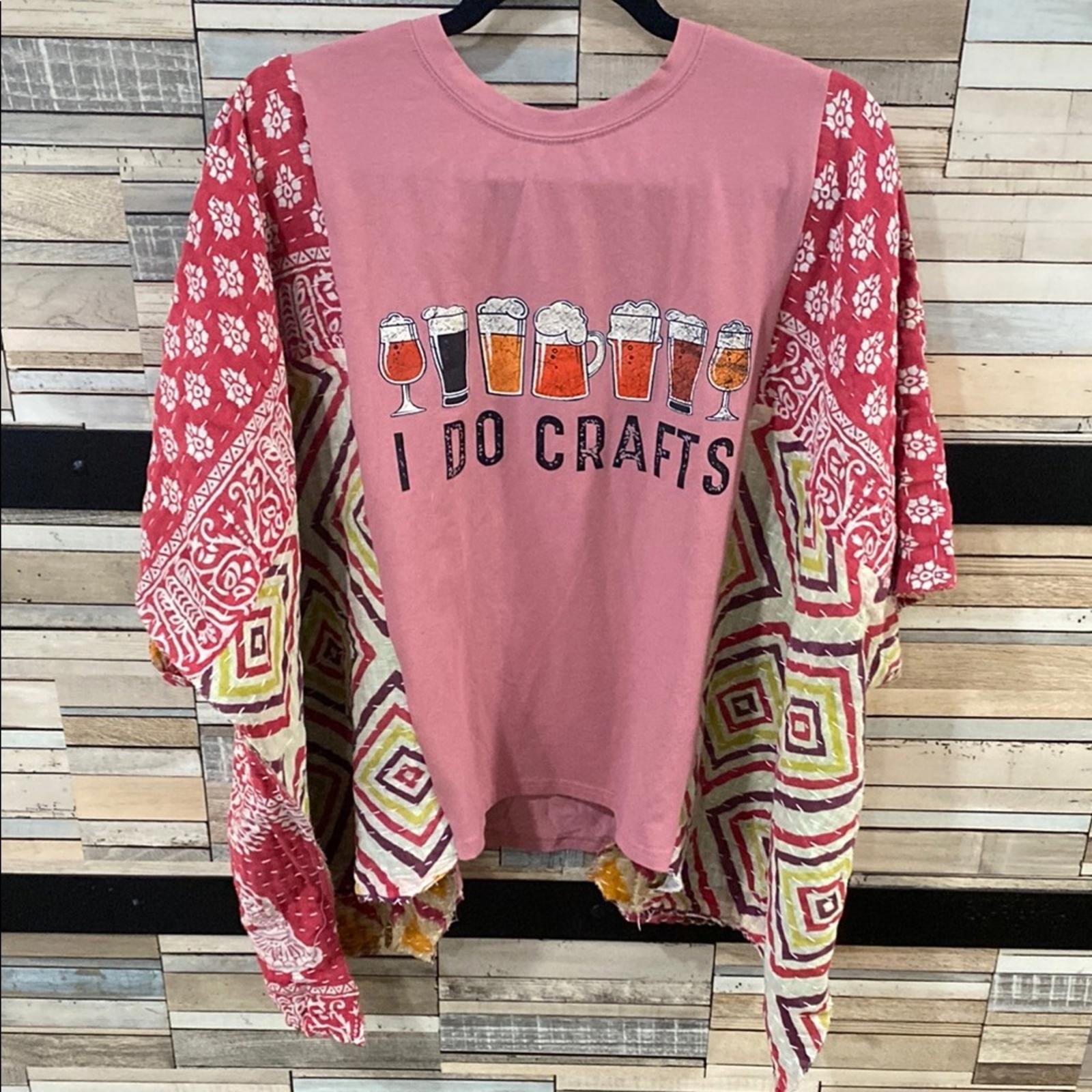 JENNY. Upcycled boho Craft beer Graphic w/kantha, top/poncho/kimono, by Susie.