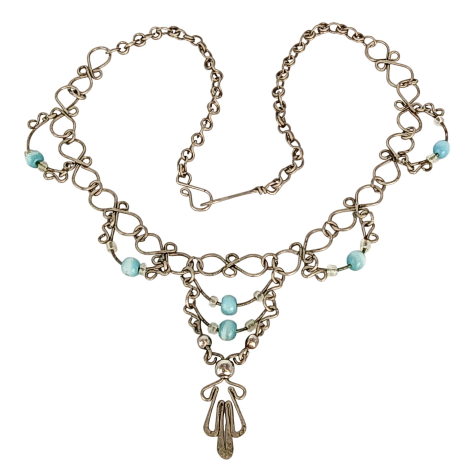 Edwardian Style Hand Crafted Festoon Necklace Silver Tone w Blue Cat's Eye Beads