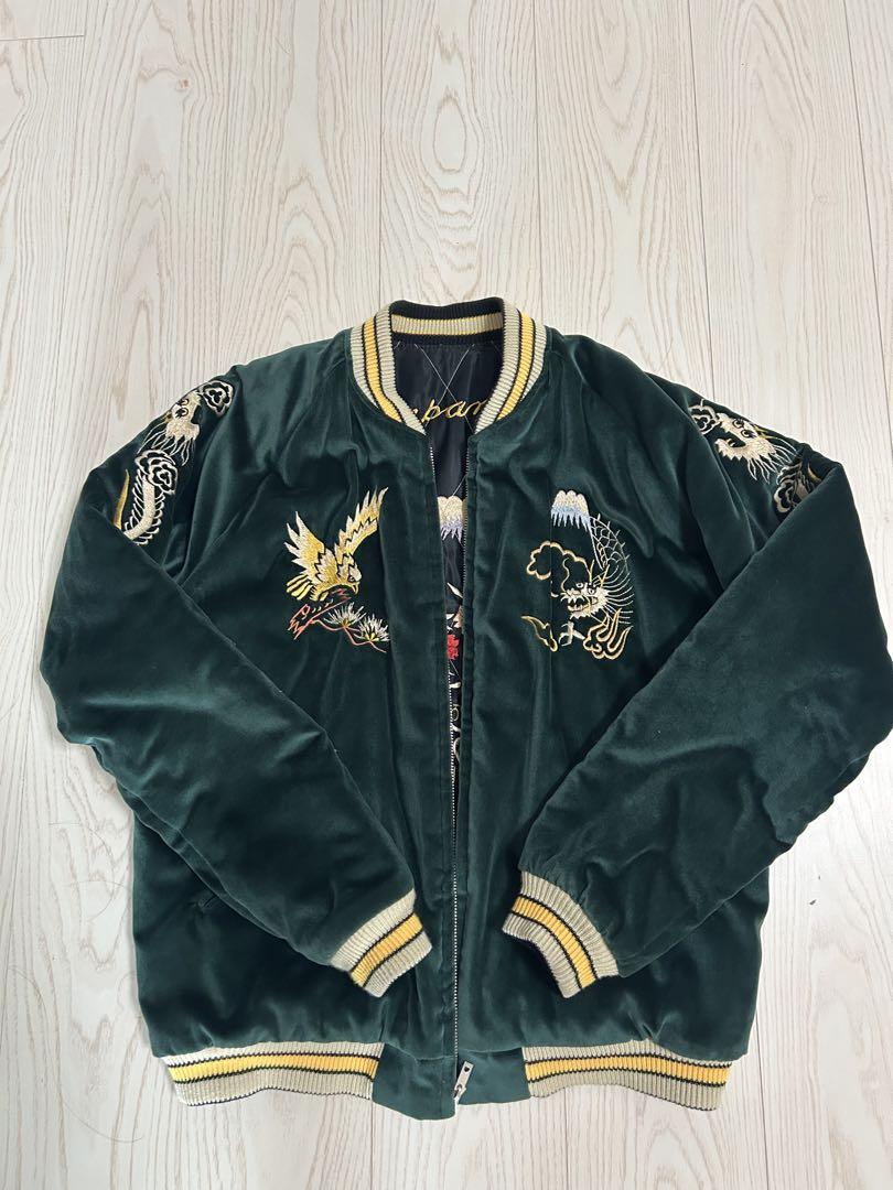 Green Souvenirs Jacket with Eagle and Mount Fuji Embroidery, Velour Fabric